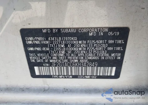 2019 Subaru Crosstrek 2.0I Premium z USA, uszkodzony, nr VIN JF2GTACC6KH342849